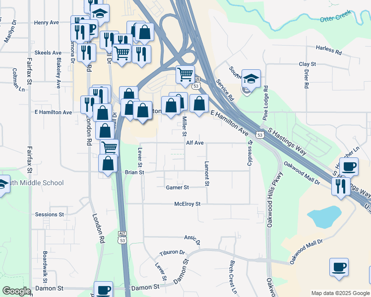 map of restaurants, bars, coffee shops, grocery stores, and more near 3413 Miller Street in Eau Claire