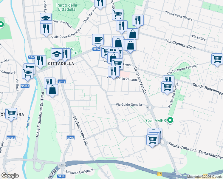 map of restaurants, bars, coffee shops, grocery stores, and more near 1 Via Alcide de Gasperi in Parma