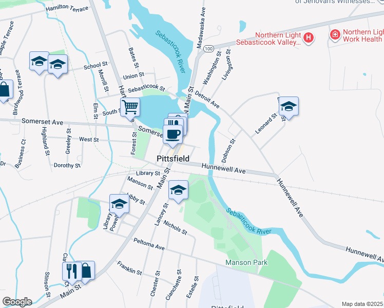 map of restaurants, bars, coffee shops, grocery stores, and more near 105 North Main Street in Pittsfield