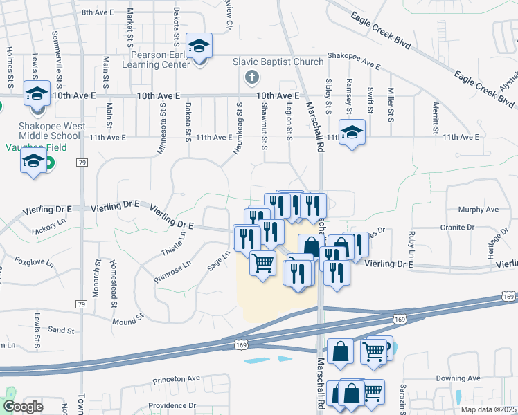 map of restaurants, bars, coffee shops, grocery stores, and more near 1254 Pioneer Court in Shakopee