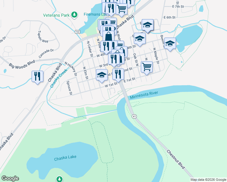 map of restaurants, bars, coffee shops, grocery stores, and more near 201 West 1st Street in Chaska