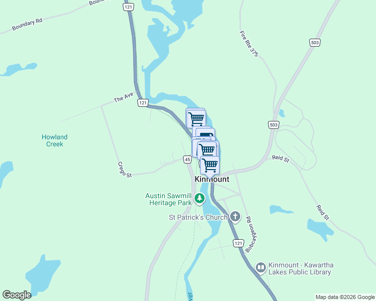 map of restaurants, bars, coffee shops, grocery stores, and more near 4 Dickson Street in Kawartha Lakes