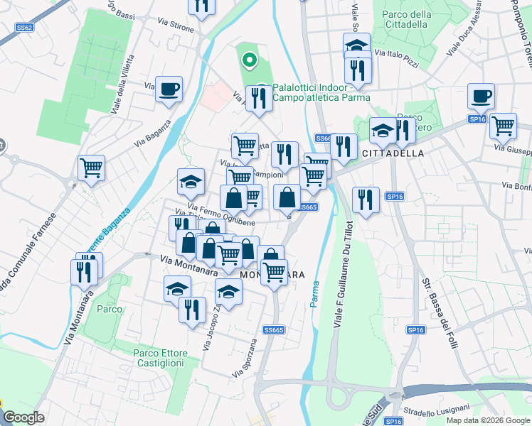 map of restaurants, bars, coffee shops, grocery stores, and more near 9-15 Via Mario Jacchia in Parma