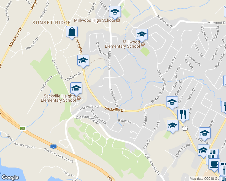 map of restaurants, bars, coffee shops, grocery stores, and more near 19 Millwood Drive in Middle Sackville