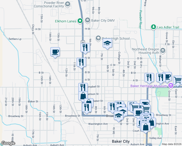 map of restaurants, bars, coffee shops, grocery stores, and more near 2690 9th Street in Baker City