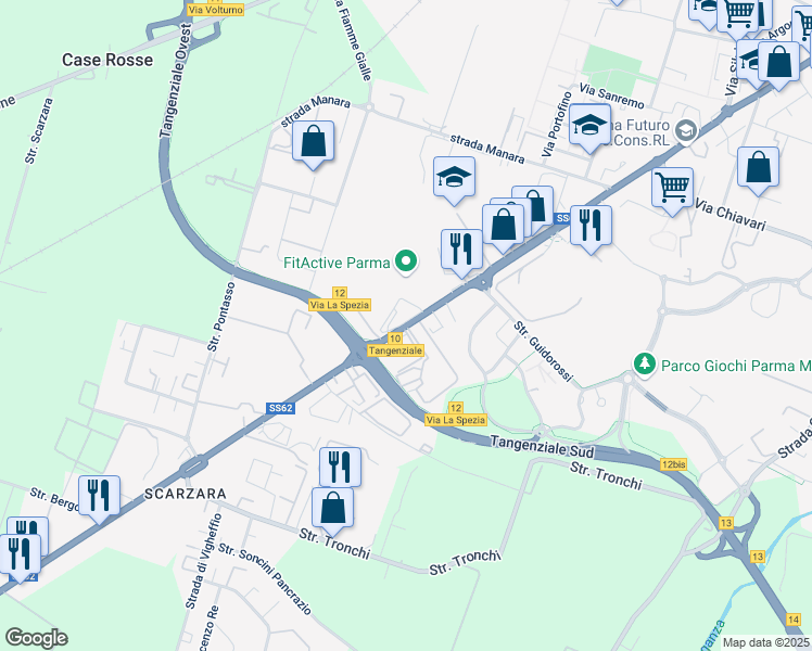 map of restaurants, bars, coffee shops, grocery stores, and more near 187 Via la Spezia in Parma