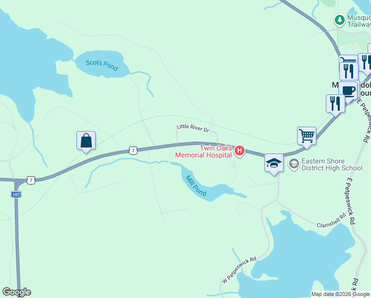 map of restaurants, bars, coffee shops, grocery stores, and more near 7632 Nova Scotia Trunk 7 in Musquodoboit Harbour