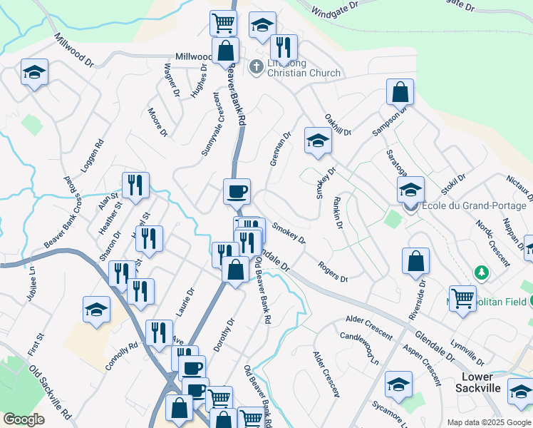 map of restaurants, bars, coffee shops, grocery stores, and more near 86 Smokey Drive in Lower Sackville