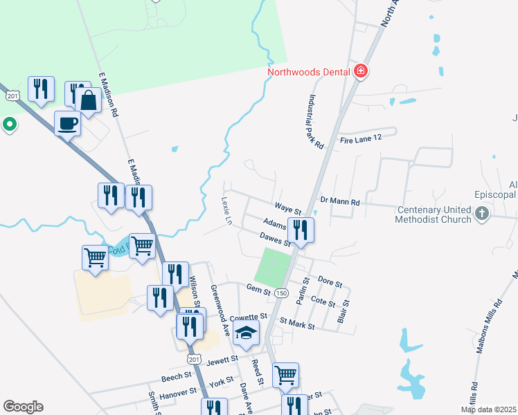 map of restaurants, bars, coffee shops, grocery stores, and more near 35 Waye Street in Skowhegan