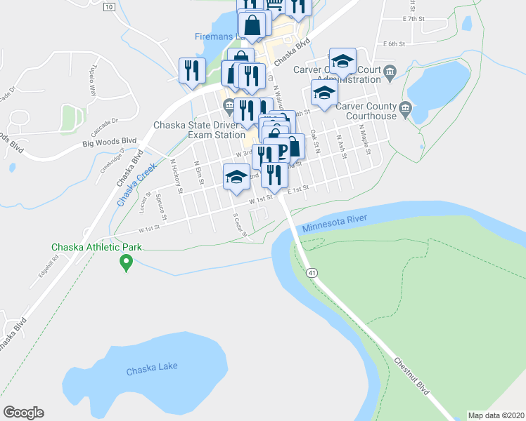 map of restaurants, bars, coffee shops, grocery stores, and more near 12 River Bend Place in Chaska