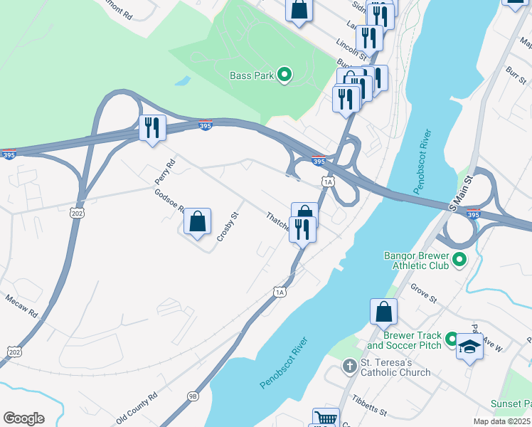 map of restaurants, bars, coffee shops, grocery stores, and more near 67 Thatcher Street in Bangor