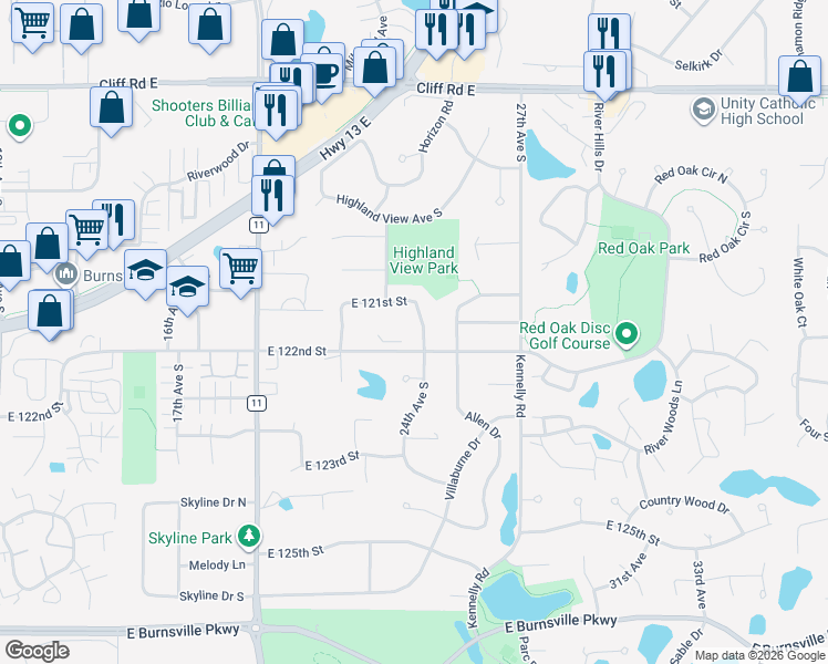 map of restaurants, bars, coffee shops, grocery stores, and more near 12105 24th Avenue South in Burnsville