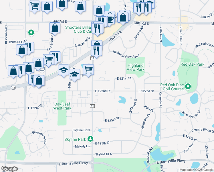 map of restaurants, bars, coffee shops, grocery stores, and more near 2009 East 121st Street in Burnsville