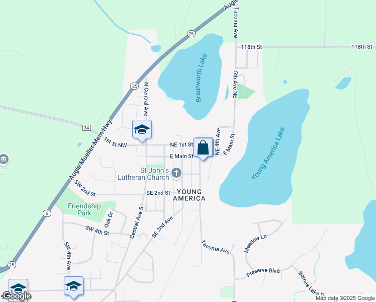 map of restaurants, bars, coffee shops, grocery stores, and more near 202 Northeast 1st Street in Norwood Young America