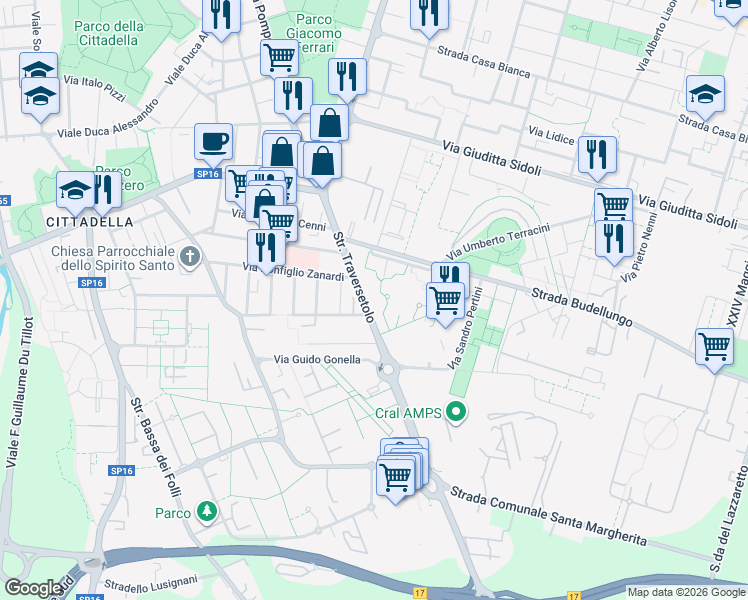 map of restaurants, bars, coffee shops, grocery stores, and more near 18 Strada Traversetolo in Parma