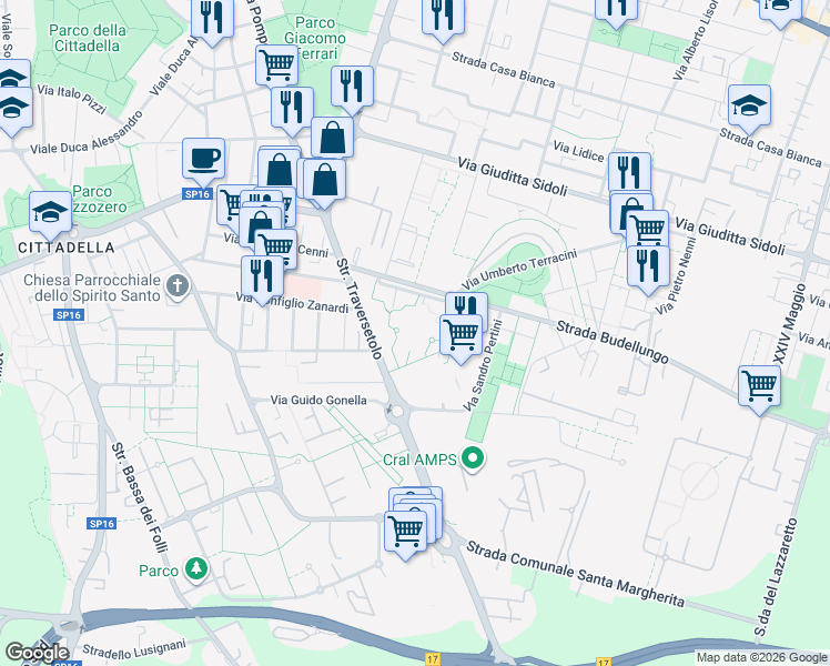 map of restaurants, bars, coffee shops, grocery stores, and more near 18 Strada Traversetolo in Parma