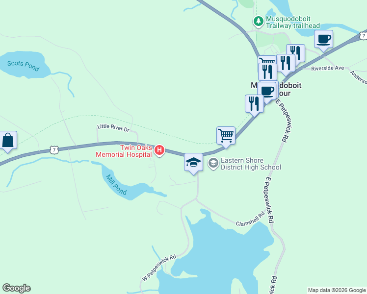 map of restaurants, bars, coffee shops, grocery stores, and more near 7739 Nova Scotia Trunk 7 in Musquodoboit Harbour