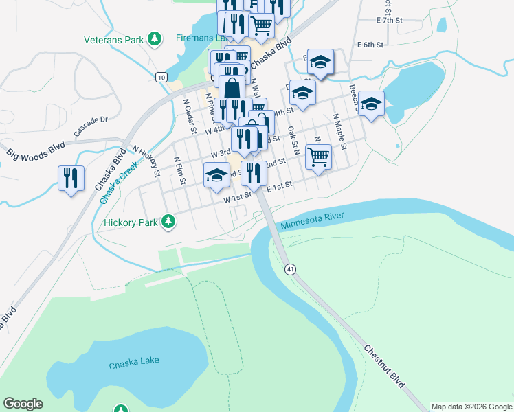 map of restaurants, bars, coffee shops, grocery stores, and more near 1 River Bend Place in Chaska