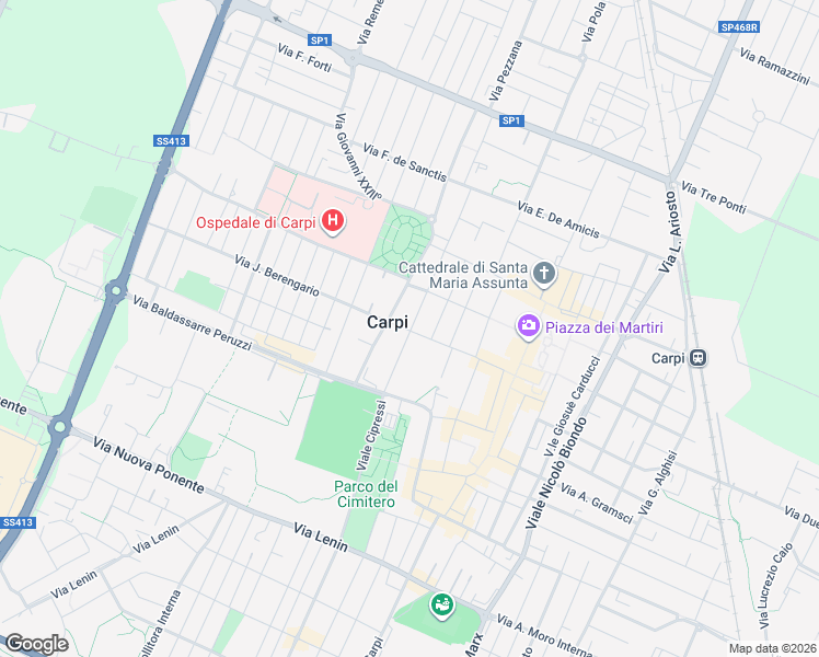 map of restaurants, bars, coffee shops, grocery stores, and more near 9 Viale Guido Fassi in Carpi