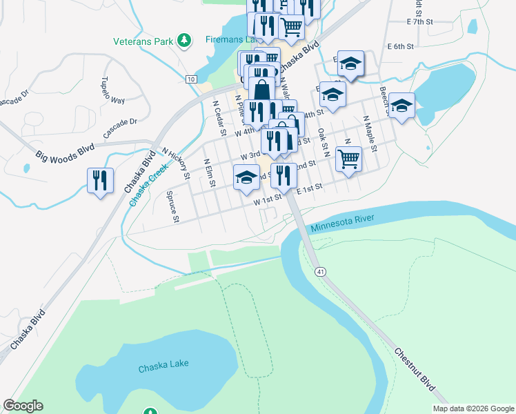 map of restaurants, bars, coffee shops, grocery stores, and more near 201 West 1st Street in Chaska