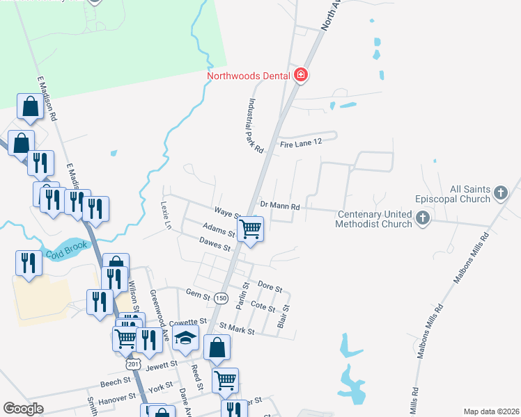 map of restaurants, bars, coffee shops, grocery stores, and more near 3 Doctor Mann Road in Skowhegan