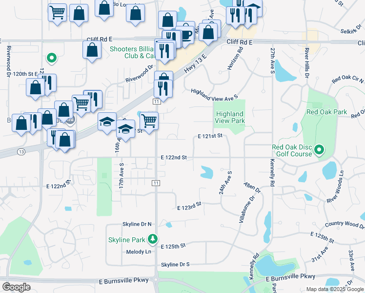 map of restaurants, bars, coffee shops, grocery stores, and more near 2009 East 121st Street in Burnsville