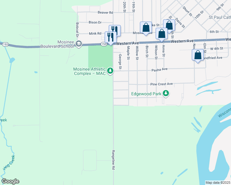 map of restaurants, bars, coffee shops, grocery stores, and more near 1216 Norway Dr in Mosinee