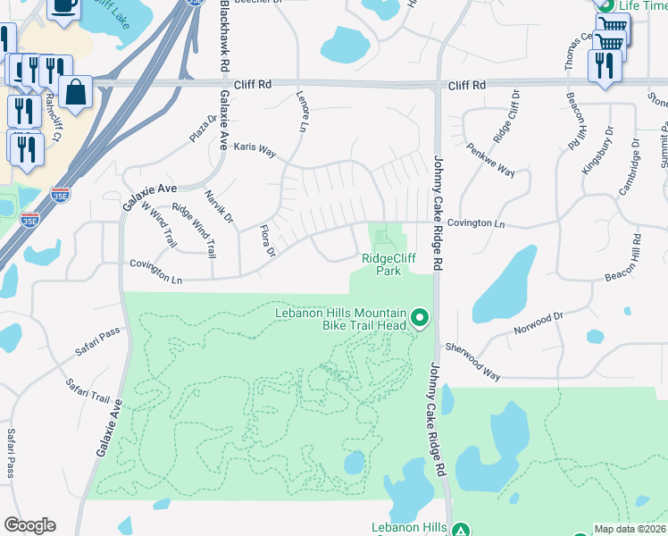 map of restaurants, bars, coffee shops, grocery stores, and more near 1750 Forssa Way in Eagan