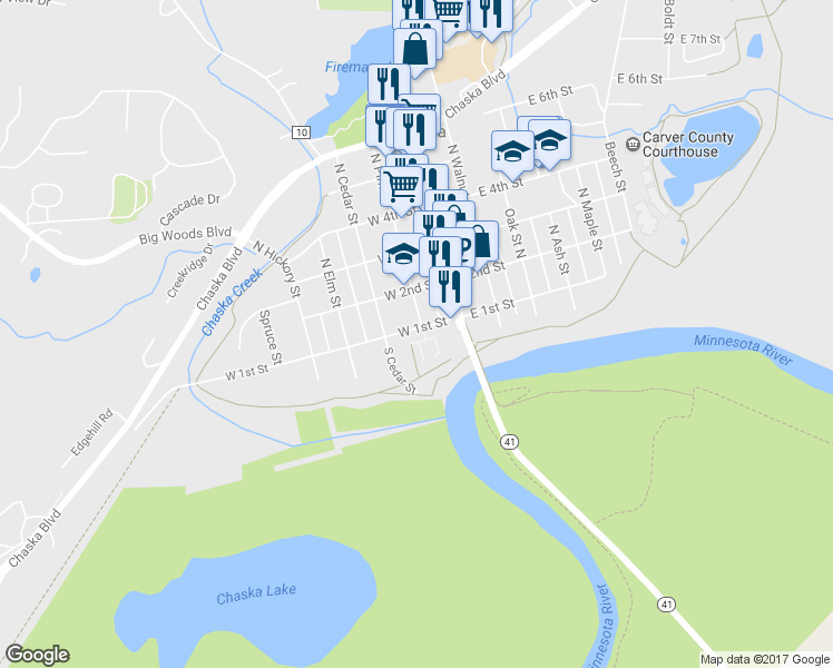 map of restaurants, bars, coffee shops, grocery stores, and more near 201 West 1st Street in Chaska
