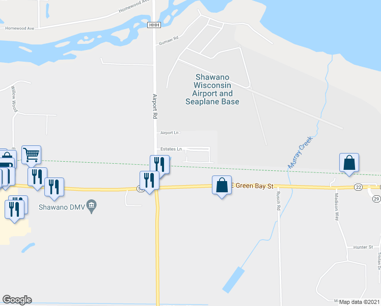 map of restaurants, bars, coffee shops, grocery stores, and more near 1610 Estates Lane in Shawano