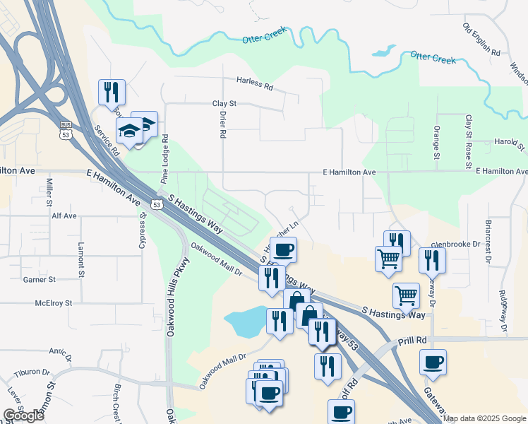 map of restaurants, bars, coffee shops, grocery stores, and more near 3361 South Robin Meadows Lane in Eau Claire