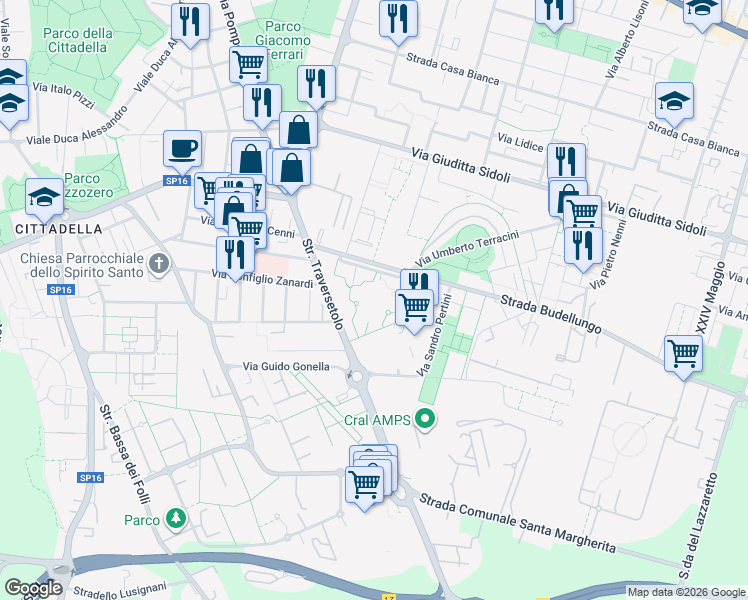 map of restaurants, bars, coffee shops, grocery stores, and more near 18 Strada Traversetolo in Parma