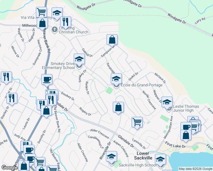 map of restaurants, bars, coffee shops, grocery stores, and more near 109 Stokil Drive in Lower Sackville