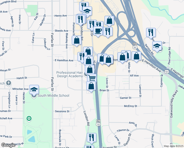 map of restaurants, bars, coffee shops, grocery stores, and more near 3350 Mall Drive in Eau Claire