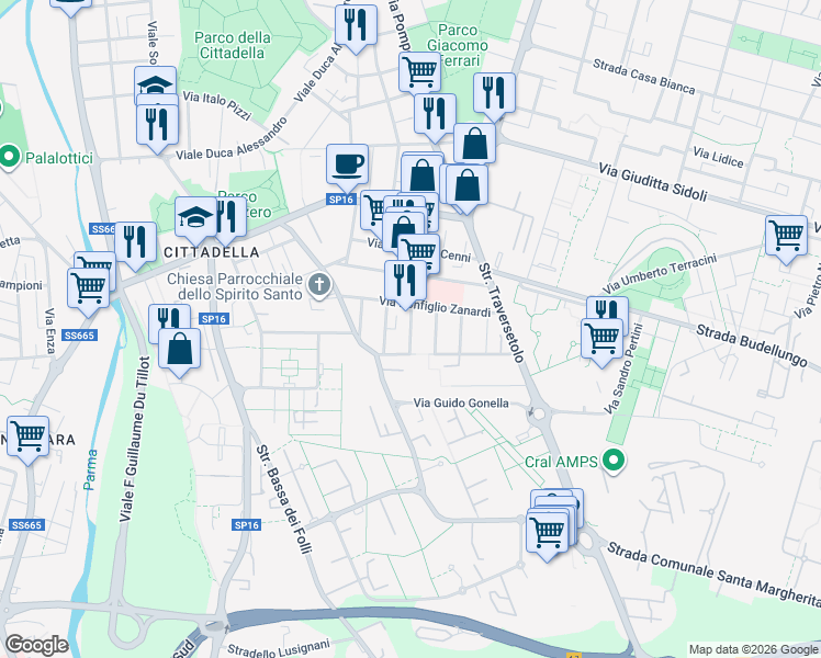 map of restaurants, bars, coffee shops, grocery stores, and more near 1 Via Alcide de Gasperi in Parma
