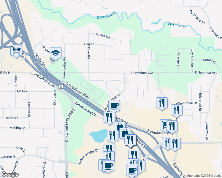 map of restaurants, bars, coffee shops, grocery stores, and more near 3361 South Robin Meadows Lane in Eau Claire