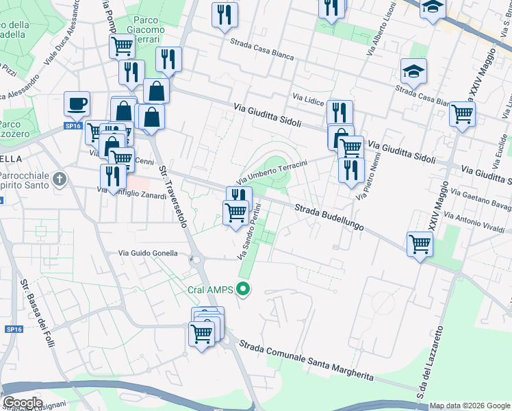 map of restaurants, bars, coffee shops, grocery stores, and more near 1 Via Sandro Pertini in Parma