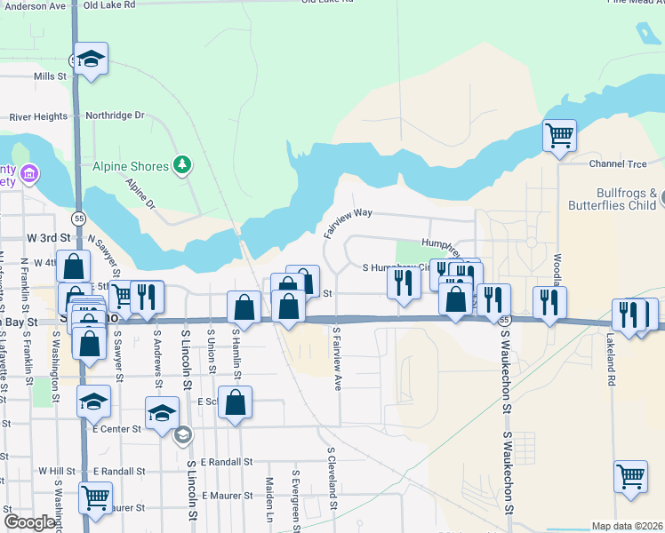 map of restaurants, bars, coffee shops, grocery stores, and more near 314 Fairview Way in Shawano