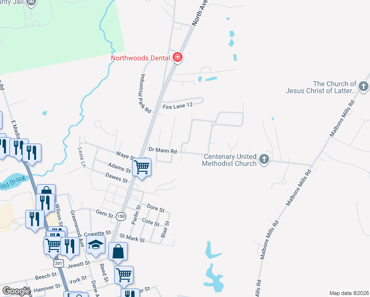 map of restaurants, bars, coffee shops, grocery stores, and more near 28 Woodland Drive in Skowhegan