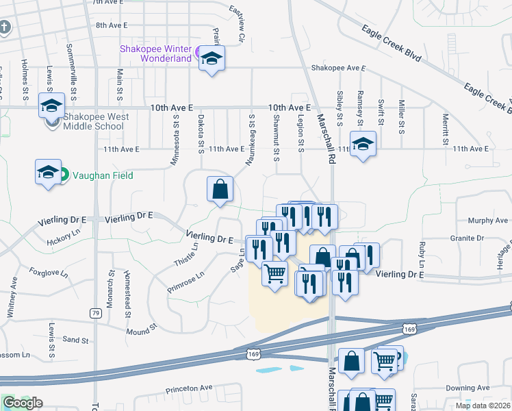 map of restaurants, bars, coffee shops, grocery stores, and more near 1272 Pioneer Lane in Shakopee