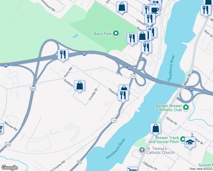 map of restaurants, bars, coffee shops, grocery stores, and more near 67 Thatcher Street in Bangor