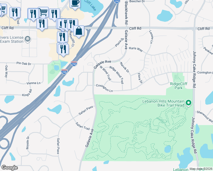 map of restaurants, bars, coffee shops, grocery stores, and more near 4742 Pondview Drive in Eagan