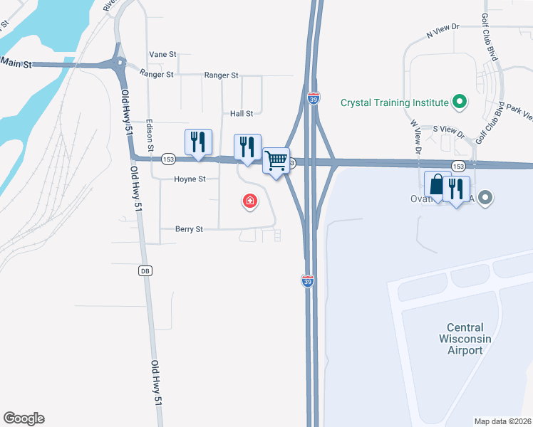 map of restaurants, bars, coffee shops, grocery stores, and more near 415 Orbiting Drive in Mosinee