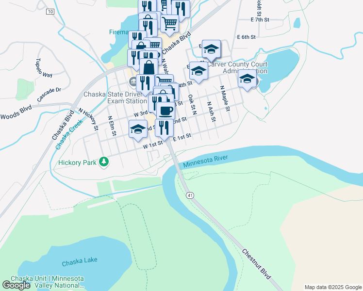 map of restaurants, bars, coffee shops, grocery stores, and more near 122 North Walnut Street in Chaska