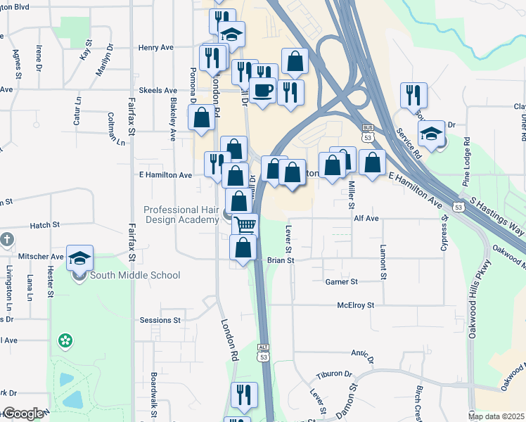 map of restaurants, bars, coffee shops, grocery stores, and more near 3350 Mall Drive in Eau Claire