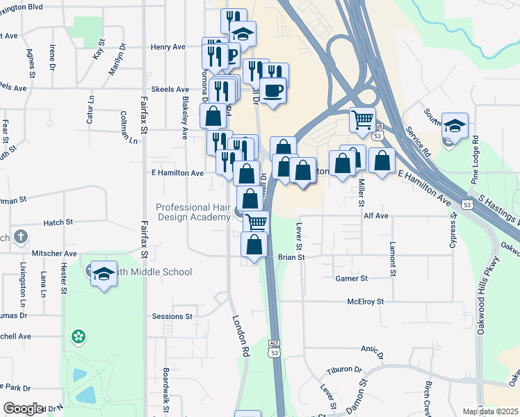 map of restaurants, bars, coffee shops, grocery stores, and more near 3350 Mall Drive in Eau Claire