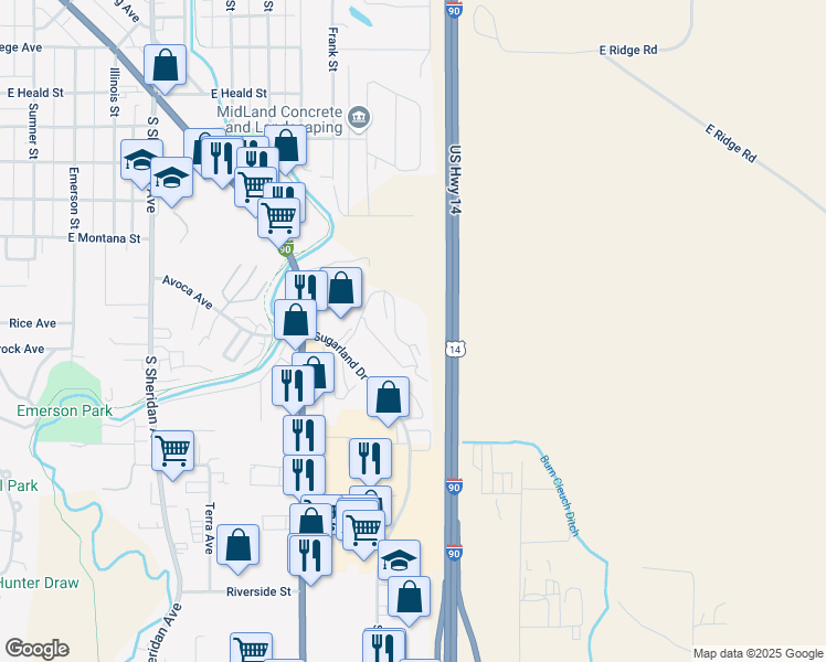 map of restaurants, bars, coffee shops, grocery stores, and more near 1325 Sugarview Drive in Sheridan
