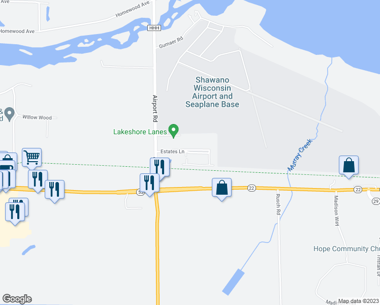 map of restaurants, bars, coffee shops, grocery stores, and more near 9 Estates Lane in Shawano