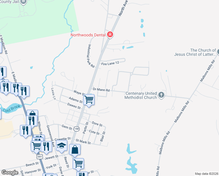 map of restaurants, bars, coffee shops, grocery stores, and more near 28 Woodland Drive in Skowhegan
