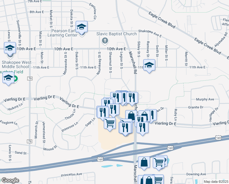 map of restaurants, bars, coffee shops, grocery stores, and more near 1254 Pioneer Court in Shakopee